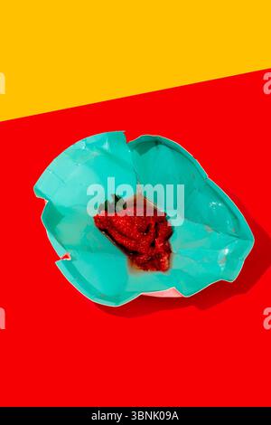 Crushed strawberry in a bright blue plastic plate on a vivid red and yellow background. The colorful composition highlights the contrast between textu Stock Photo