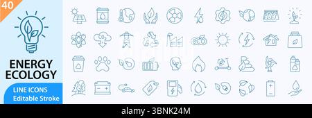 Green energy icon set. Energy Ecology Line Icons. Collection of energy, ecology and green electricity icons. Vector illustration. Editable Stroke. Stock Vector