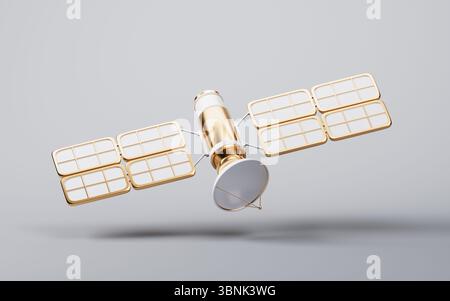 Golden space orbital satellite with aerospace concept, 3d rendering. 3D illustration. Stock Photo