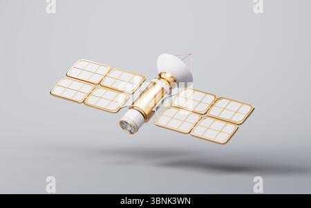 Golden space orbital satellite with aerospace concept, 3d rendering. 3D illustration. Stock Photo
