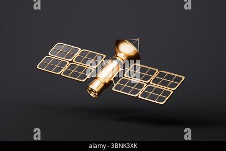 Golden space orbital satellite with aerospace concept, 3d rendering. 3D illustration. Stock Photo