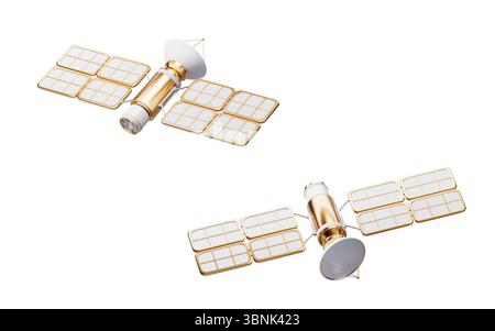 Golden space orbital satellite with aerospace concept, 3d rendering. 3D illustration. Stock Photo