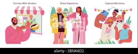 Vector illustration depicting three scenes: connecting with a vendor, sharing experiences with food, and capturing memories with friends. Displays social interaction and enjoyment. Stock Vector