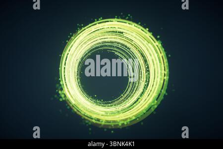 Rotating glowing green vortex lines and particles background, 3d rendering. 3D illustration. Stock Photo