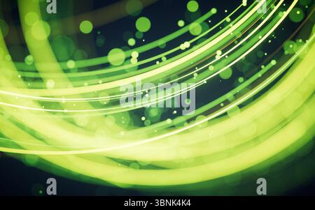 Rotating glowing green vortex lines and particles background, 3d rendering. 3D illustration. Stock Photo
