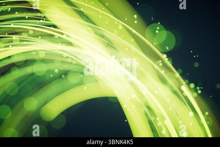 Rotating glowing green vortex lines and particles background, 3d rendering. 3D illustration. Stock Photo
