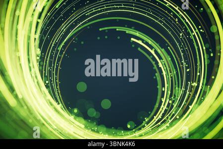Rotating glowing green vortex lines and particles background, 3d rendering. 3D illustration. Stock Photo