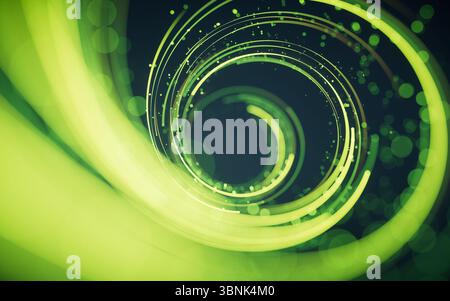 Rotating glowing green vortex lines and particles background, 3d rendering. 3D illustration. Stock Photo