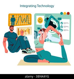Personal Trainer Concept. A man using technology to guide a woman's yoga session, enhancing fitness with digital tools. Stock Vector