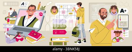 Vector illustration depicting online education with students learning from a digital teacher. Engaged expressions and interactive visuals highlight classroom activities and assessments. Stock Vector