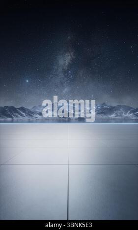 Snow mountains and empty ground at night, 3d rendering. 3D illustration. Stock Photo