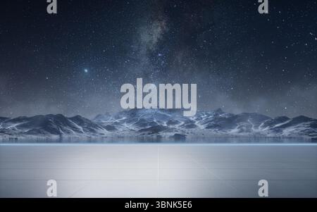 Snow mountains and empty ground at night, 3d rendering. 3D illustration. Stock Photo