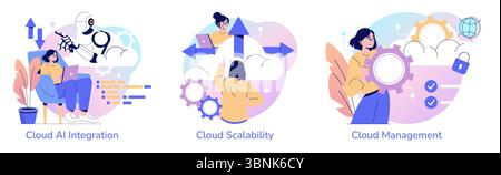 Vector illustrations showcasing cloud technology concepts with AI integration, scalability solutions, and management strategies. Features people interacting with digital elements. Stock Vector