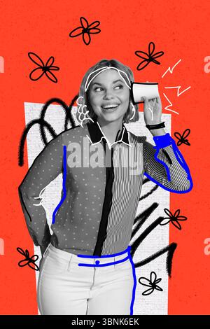 3D collage trend artwork composite sketch poster of young lady smile hand hold cup listen rumors creative applique trend urban surreal Stock Photo