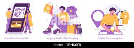 Vector illustration showcasing three scenarios in modern retail: scanning QR codes for smart shopping, using augmented reality for enhanced product selection, and digital store navigation. Stock Vector
