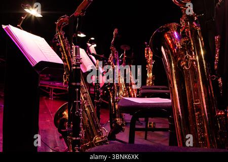 Big Band Saxophones. A view across the sax section of a big band without the musicians. Stock Photo
