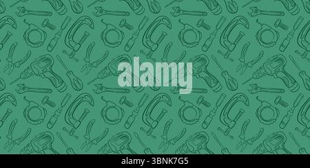 Seamless construction pattern with repair tool, drill, wrench, screwdriver, clamp, pliers in line art style. Perfect for background wallpaper Stock Vector