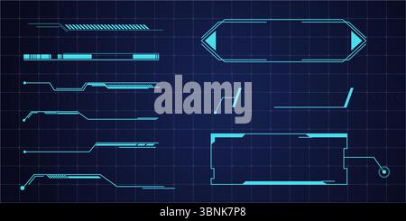 Futuristic blue HUD interface with digital elements, text boxes, arrows, and cyberpunk-style frames for sci-fi presentations, games, or videos. UI design. Vector illustration Stock Vector