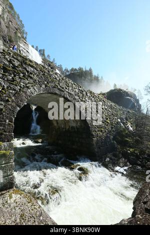 Norway - 19th April 2025 - Image of Hesjedalsfossen waterfall with sun rays shining through water spray on a sunny afternoon Stock Photo