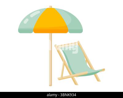 This vibrant vector illustration features a classic beach umbrella with a yellow and mint green canopy alongside a comfortable light blue wooden deck Stock Vector