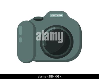 This sleek vector illustration depicts a modern digital camera in a dark grey hue with a prominent lens. The word camera is subtly visible on top of t Stock Vector