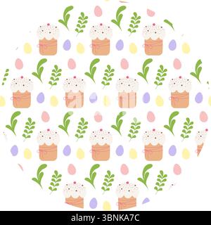 Hand Drawn Easter Cake Painted Eggs and green leaves Festive Seamless Pattern on Circle Background. Isolated Vector illustration Easter Themes Cards Backdrop, invites or promo banner, leaflets, labels Stock Vector