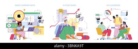 Vector illustration featuring AI-enhanced learning tools like smart learning paths, AI study buddies, and VR classrooms. Students interact with digital interfaces, showcasing diverse learning methods. Stock Vector