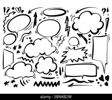 Doodle set of speech bubbles and arrows in comic hand drawn style ...