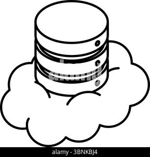Cloud-based data server isometric line icon with stacked cylindrical database shape and cloud element, black and white, Vector Illustration Stock Vector