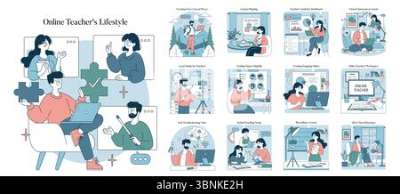 Explore the diverse activities of online teachers in this illustration, showcasing their digital lifestyle. Stock Vector
