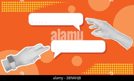 Chatting online in correspondence trendy poster. Collage with hands in halftone style and speech bubbles for text. Communication, discussion, Stock Vector