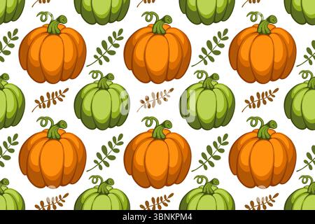 Seamless pattern with colorful autumn leaves, pumpkins in orange, yellow colors. Autumn atmosphere. Vector illustration hand drawn on white background Stock Vector
