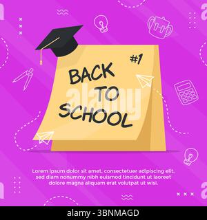 Back to school social media post on small note paper with a mortarboard on one of its corners. Back to school note on purple background Stock Vector