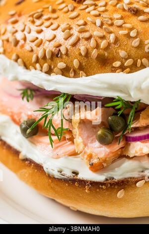 Healthy Homemade Lox Bagel Sandwich for Breakfast with Capers Dill and Cream Cheese Stock Photo