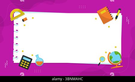 Education themed copy space background with stationery tool such a notebook and pencil. School supplies on purple with blank sheets for text Stock Vector