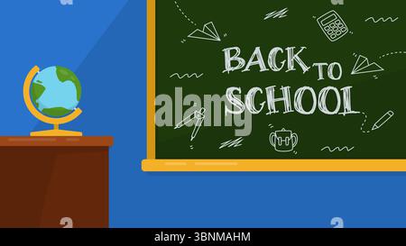 Classroom flat illustration Back to school on green chalkboard. Black to school background Stock Vector