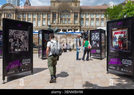 Exhibition of Black Sabbath album covers in Victoria Square, Birmingham to celebrate the band members being given freedom of the city Stock Photo