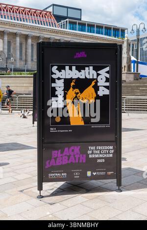 Exhibition of Black Sabbath album covers in Victoria Square, Birmingham to celebrate the band members being given freedom of the city Stock Photo