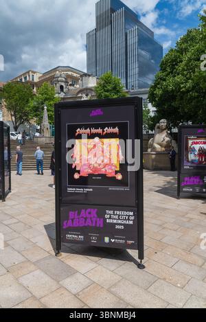 Exhibition of Black Sabbath album covers in Victoria Square, Birmingham to celebrate the band members being given freedom of the city Stock Photo