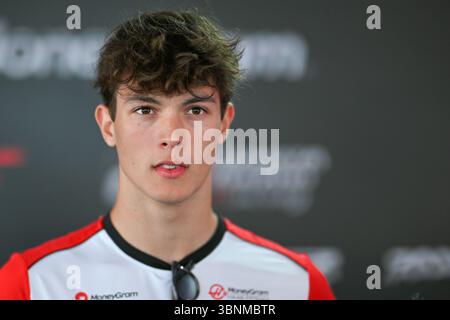 NORTHAMPTON, ENGLAND - JULY 3: Oliver Bearman of Great Britain and MoneyGram Haas F1 Team during previews ahead of the F1 Grand Prix of Great Britain at Silverstone Circuit on July 3, 2024 in Northampton, England.(Photo by Vince Mignott/Alamy Live News) Stock Photo