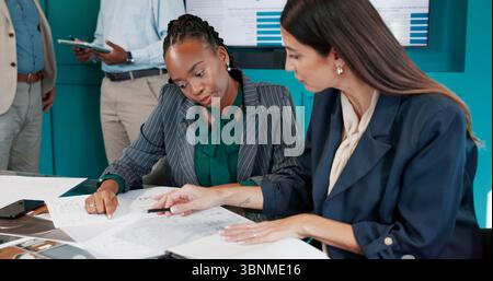 Documents, finance or women in meeting for reading, performance results or sales portfolio. Research, strategy or financial analysts with paperwork Stock Photo