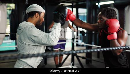 Portrait of men training at sparring in the boxing hall Stock Photo - Alamy