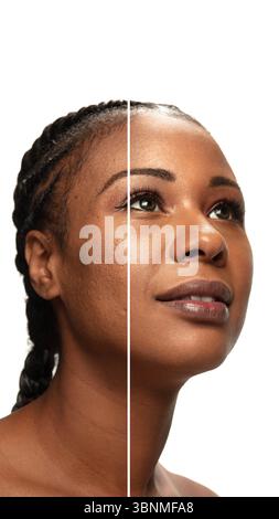 Smooth skin result on African-American woman, makeup and texture correction before and after Stock Photo