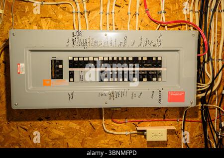 Close-up of a residential circuit breaker panel and wiring mounted on a basement wall Stock Photo