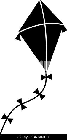 Flat vector illustration of a flying kite with bow tail, minimal black and white icon symbolizing childhood, freedom, wind, and play Stock Vector