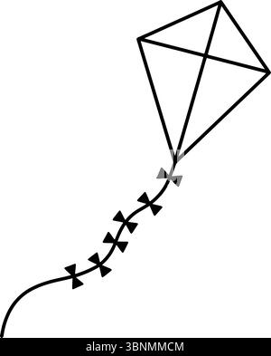 Minimal line drawing of a flying kite with bows on string, simple geometric vector icon for childhood, play, and freedom concepts Stock Vector