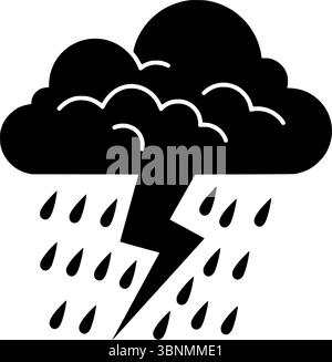 Storm cloud icon with lightning and rain, black vector silhouette symbol representing thunderstorm, bad weather, or emotional mood concepts Stock Vector