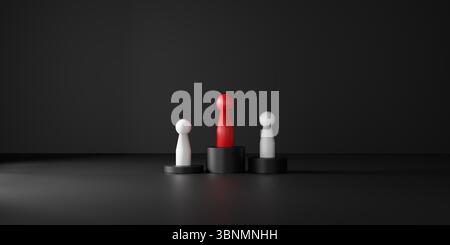 3D rendering of a red leader figure standing on the highest black podium, surrounded by two white figures, symbolizing leadership, success, and teamwo Stock Photo