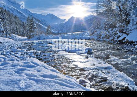 Austria, Tyrol, Winter evening in Tuxertal Stock Photo