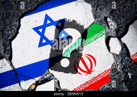 Flags of Israel and Iran with question marks on a broken background, photomontage Stock Photo